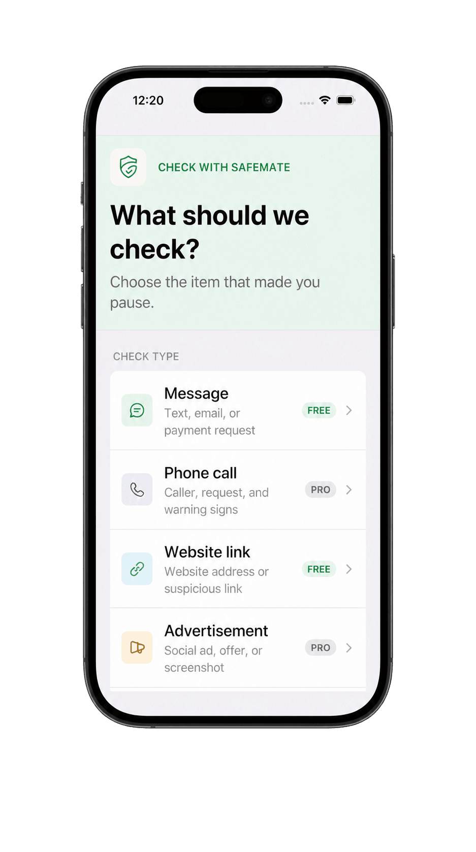 SafeMate check screen asking what to check, with message, phone call, website link, and advertisement options