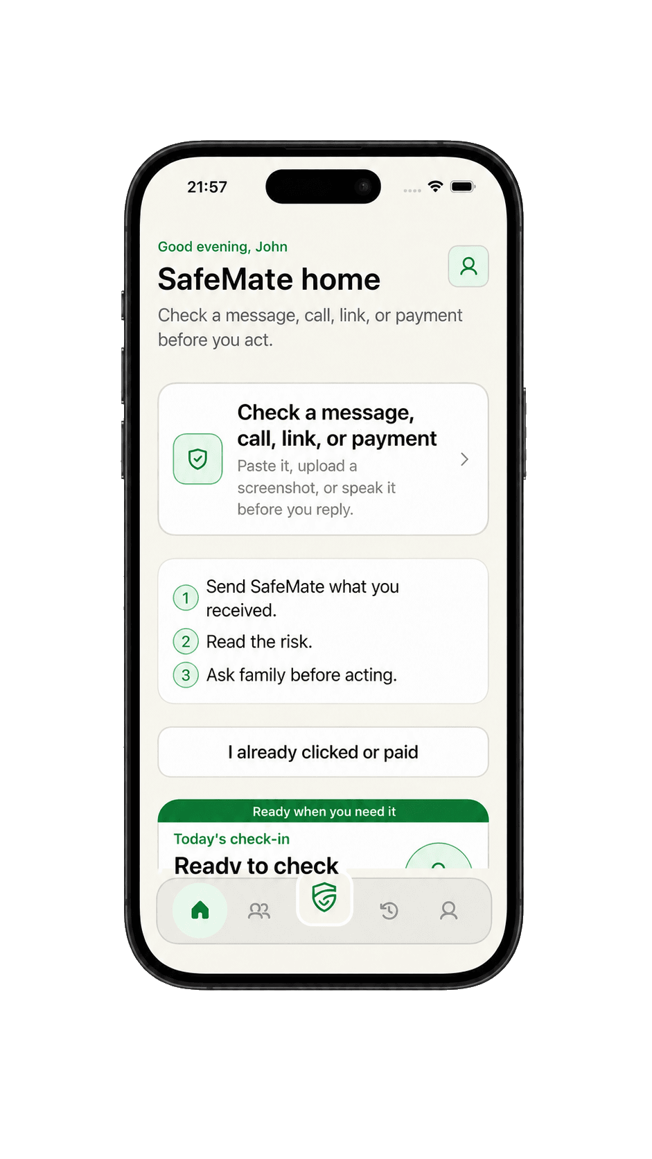 SafeMate parent home screen with a clear scam check entry point and family support steps