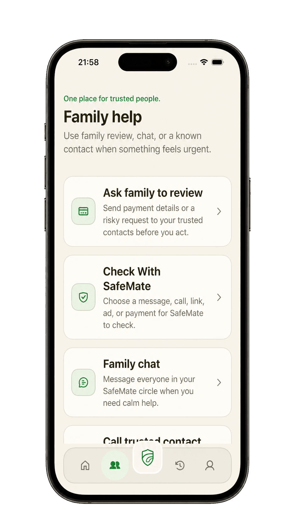SafeMate family help screen with options to request a review, check something, or start a family chat