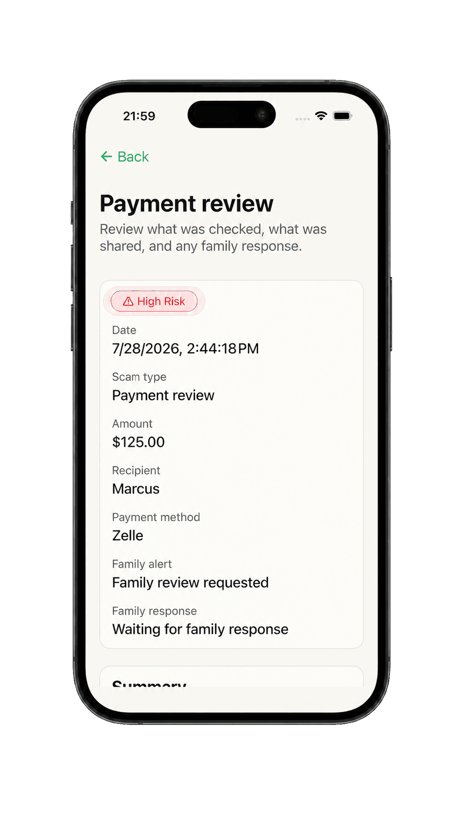 SafeMate payment review for a $125 payment marked high risk and waiting for a family response