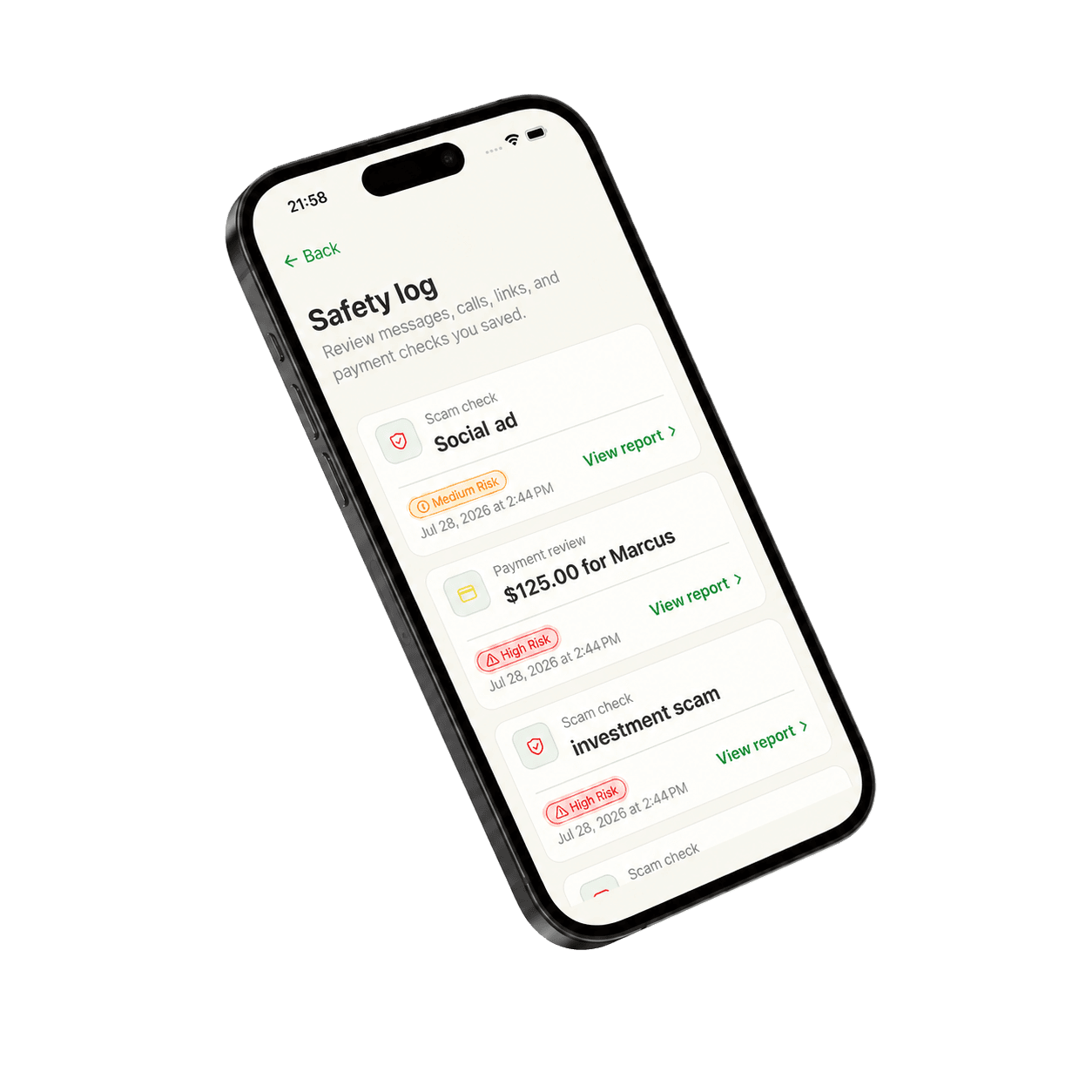 Parent-facing SafeMate safety log listing saved scam checks and payment reviews with their risk levels